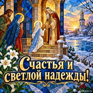 Введение во храм Пресвятой Богородицы — открытка «Счастья и светлой надежды!» с тихой колокольней над замёрзшей рекой