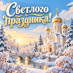 Введение во храм Пресвятой Богородицы — открытка «Светлого праздника!» с золотыми куполами в зимнем утреннем свете