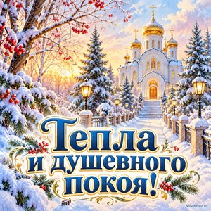 Введение во храм Пресвятой Богородицы — открытка «Тепла и душевного покоя!» с заснеженной аллеей к храму
