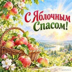 Яблочный Спас — Преображение Господне — открытка «С Яблочным Спасом!» с корзиной спелых яблок в саду