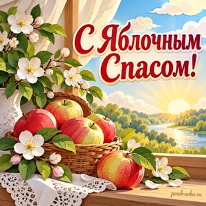 Яблочный Спас — Преображение Господне — открытка «С Яблочным Спасом!» с яблоками и белыми цветами у окна