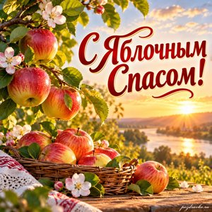 Яблочный Спас — Преображение Господне — открытка «С Яблочным Спасом!» с яблоневой веткой в золотом свете