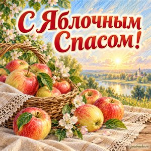 Яблочный Спас — Преображение Господне — открытка «С Яблочным Спасом!» с яблоками на льняной скатерти