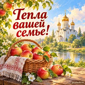 Яблочный Спас — Преображение Господне — открытка «Тепла вашей семье!» с корзиной яблок на фоне светлого храма