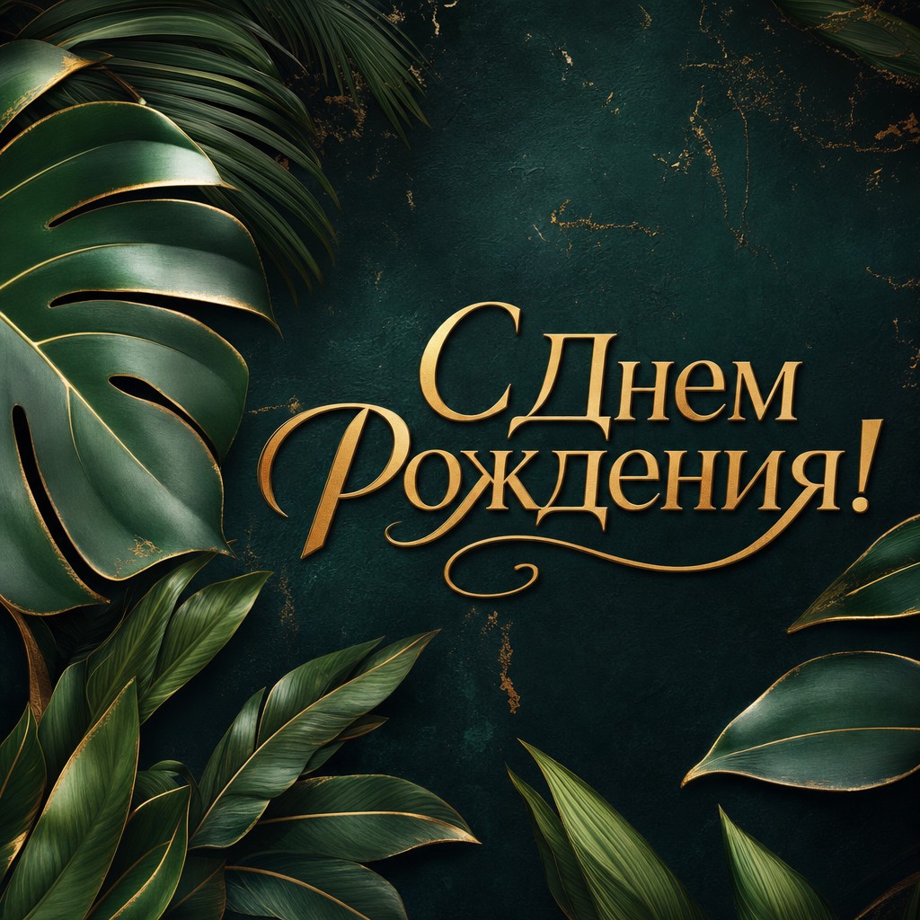 Элегантная открытка с экзотическими листьями, предназначенная для поздравлений с Днем Рождения.