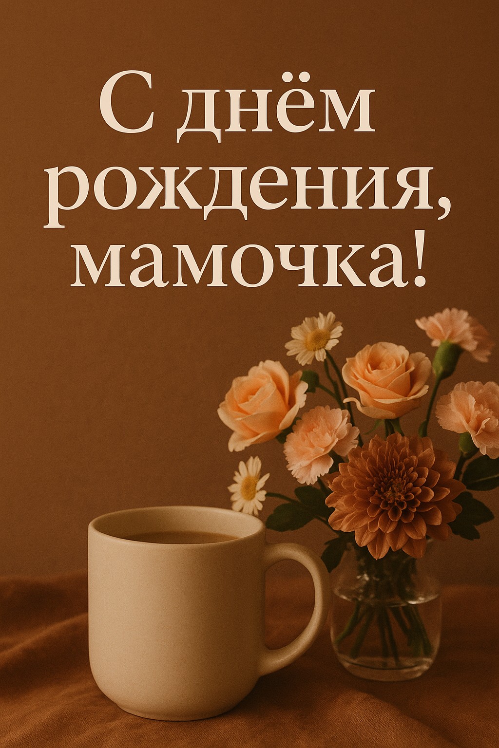 Уютная открытка с кружкой и цветами для дня рождения мамы.
