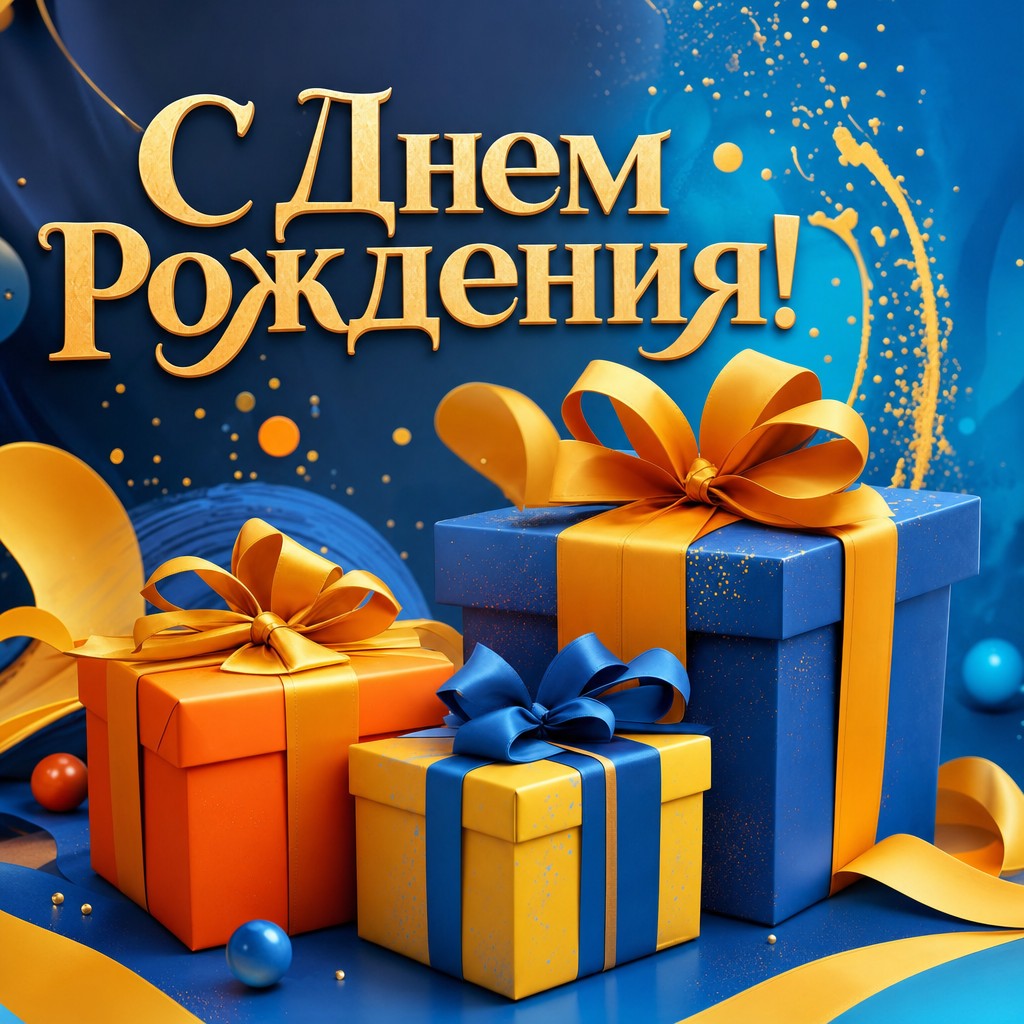 Яркая цифровая открытка с подарками для поздравления с Днем Рождения